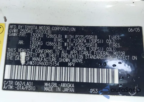 2006 Lexus Rx 400H z USA, uszkodzony, nr VIN JTJHW31U960015154